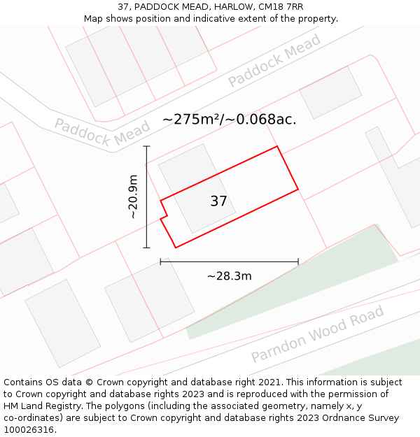 37, PADDOCK MEAD, HARLOW, CM18 7RR: Plot and title map