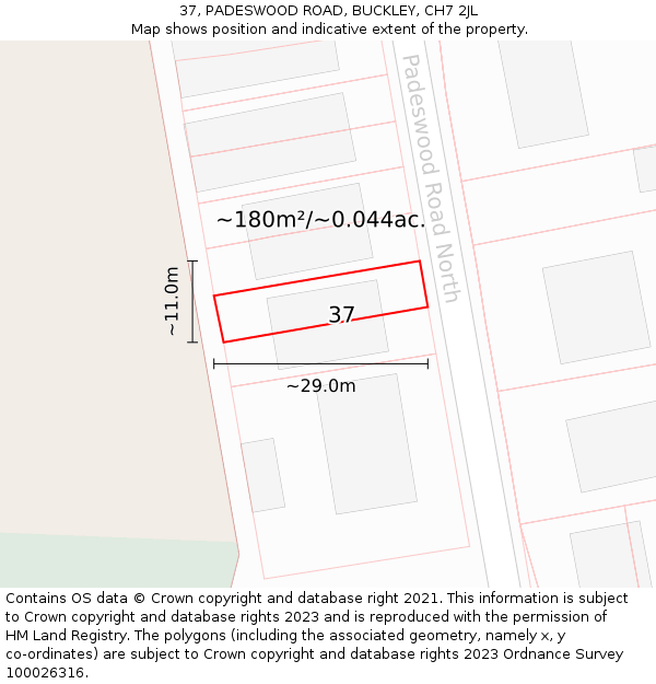 37, PADESWOOD ROAD, BUCKLEY, CH7 2JL: Plot and title map