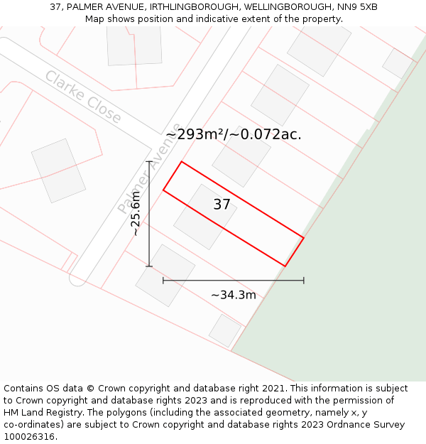 37, PALMER AVENUE, IRTHLINGBOROUGH, WELLINGBOROUGH, NN9 5XB: Plot and title map