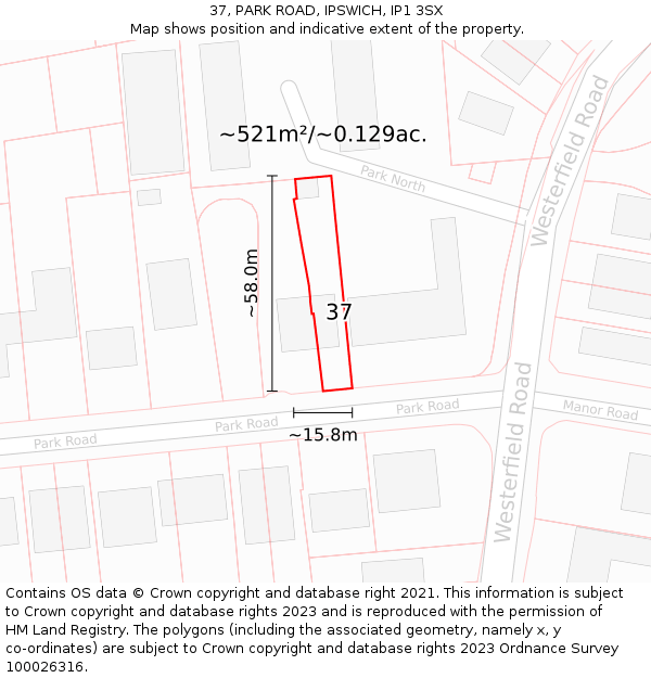 37, PARK ROAD, IPSWICH, IP1 3SX: Plot and title map