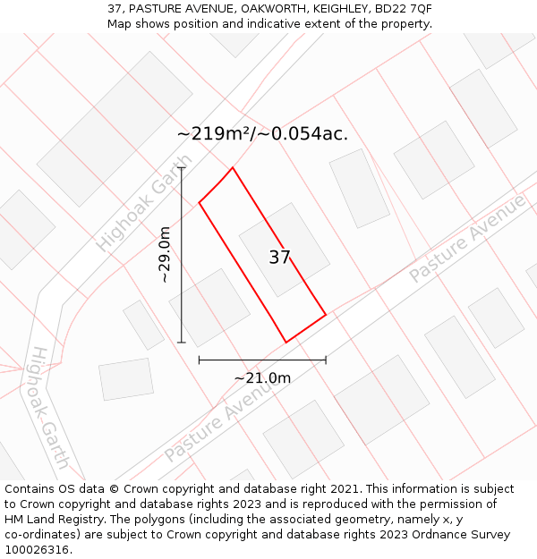 37, PASTURE AVENUE, OAKWORTH, KEIGHLEY, BD22 7QF: Plot and title map