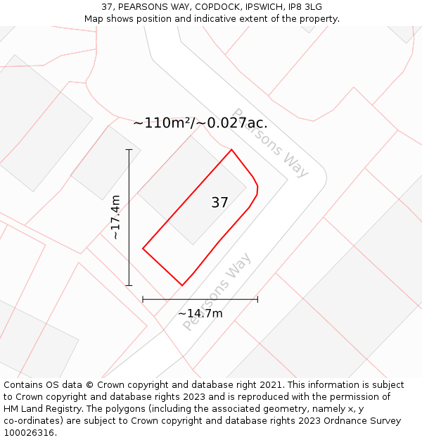 37, PEARSONS WAY, COPDOCK, IPSWICH, IP8 3LG: Plot and title map