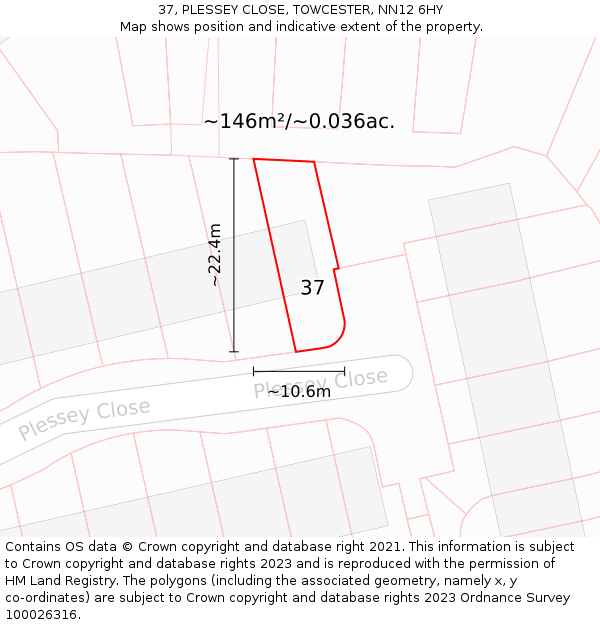 37, PLESSEY CLOSE, TOWCESTER, NN12 6HY: Plot and title map