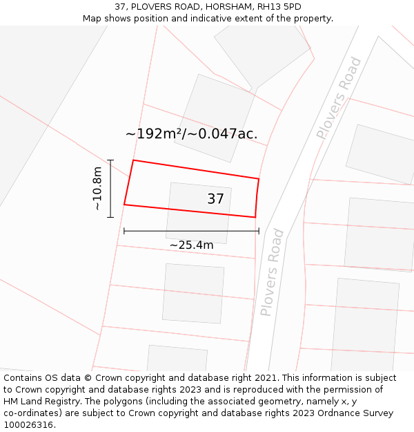 37, PLOVERS ROAD, HORSHAM, RH13 5PD: Plot and title map