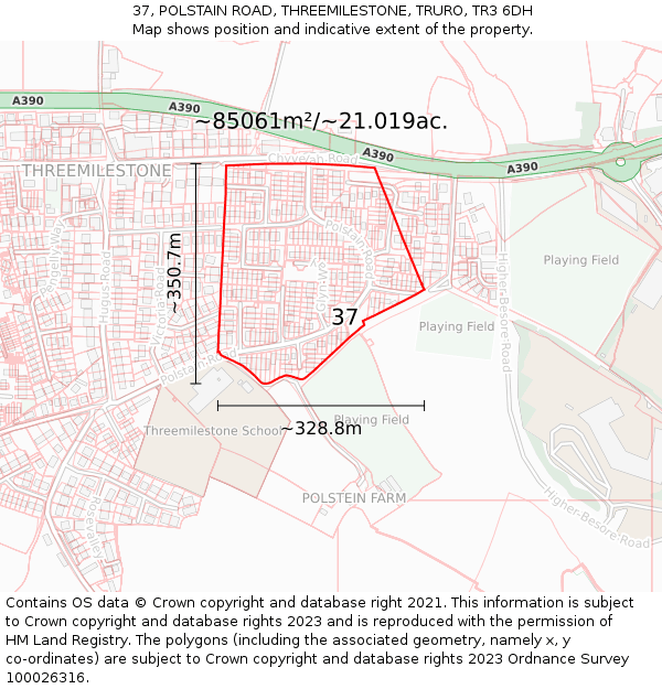 37, POLSTAIN ROAD, THREEMILESTONE, TRURO, TR3 6DH: Plot and title map