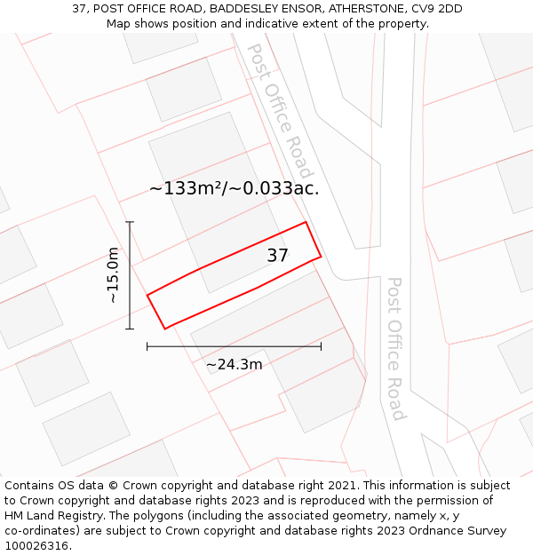 37, POST OFFICE ROAD, BADDESLEY ENSOR, ATHERSTONE, CV9 2DD: Plot and title map