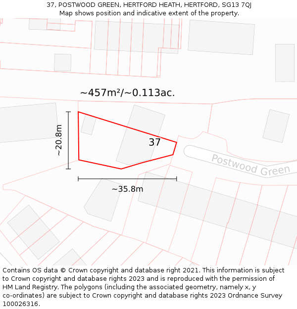 37, POSTWOOD GREEN, HERTFORD HEATH, HERTFORD, SG13 7QJ: Plot and title map