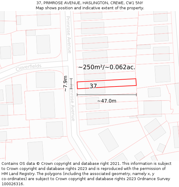 37, PRIMROSE AVENUE, HASLINGTON, CREWE, CW1 5NY: Plot and title map