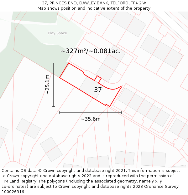 37, PRINCES END, DAWLEY BANK, TELFORD, TF4 2JW: Plot and title map