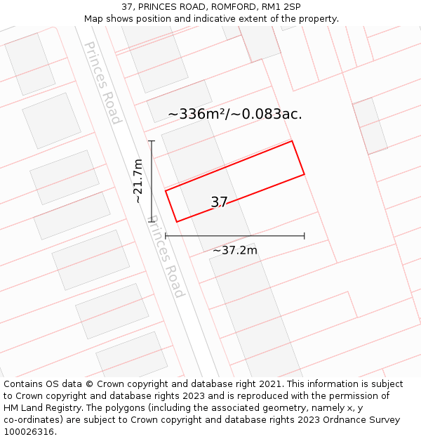 37, PRINCES ROAD, ROMFORD, RM1 2SP: Plot and title map