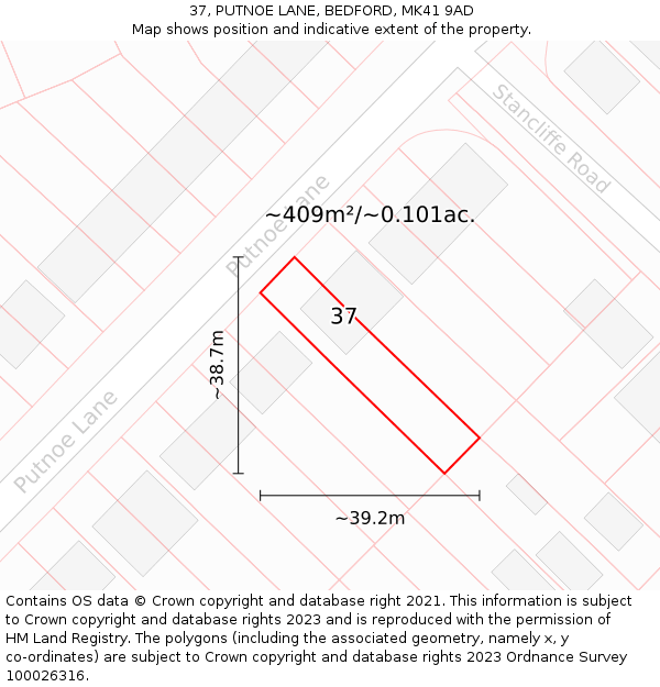 37, PUTNOE LANE, BEDFORD, MK41 9AD: Plot and title map