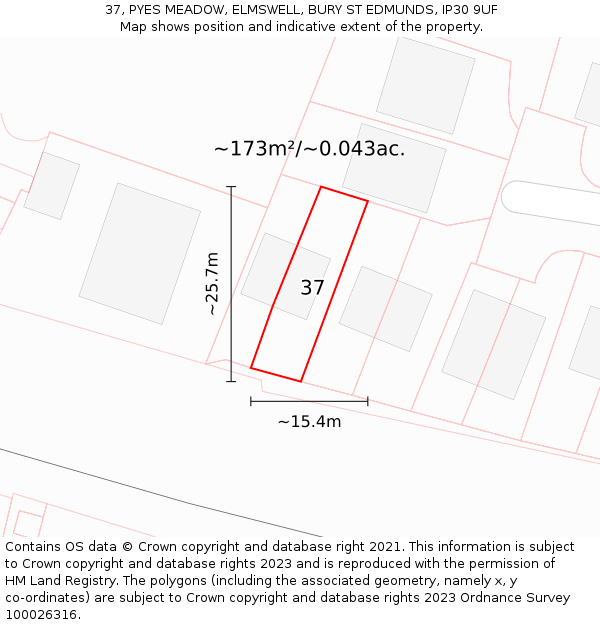 37, PYES MEADOW, ELMSWELL, BURY ST EDMUNDS, IP30 9UF: Plot and title map