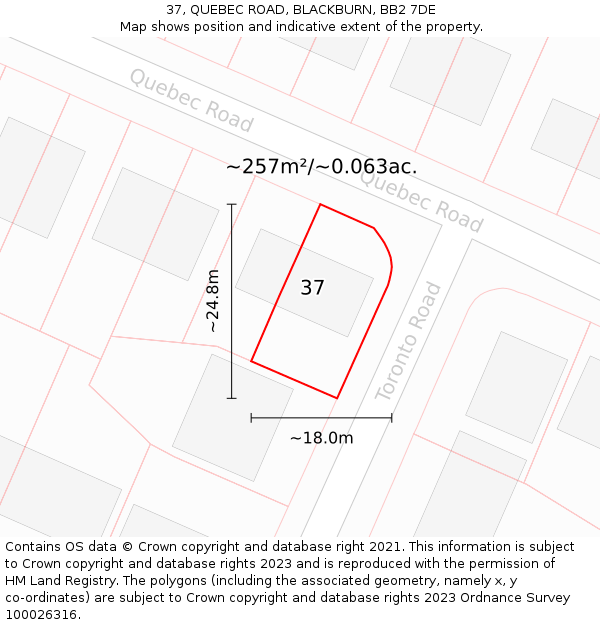 37, QUEBEC ROAD, BLACKBURN, BB2 7DE: Plot and title map