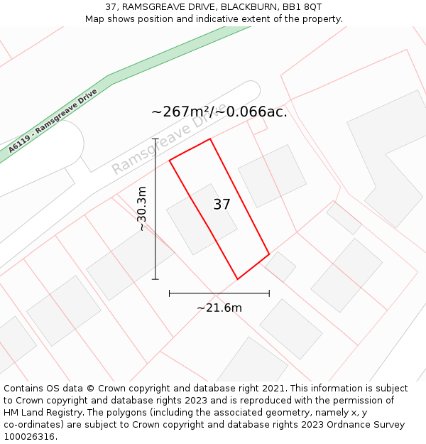 37, RAMSGREAVE DRIVE, BLACKBURN, BB1 8QT: Plot and title map