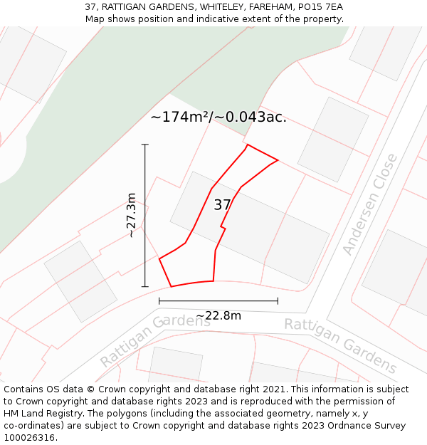 37, RATTIGAN GARDENS, WHITELEY, FAREHAM, PO15 7EA: Plot and title map