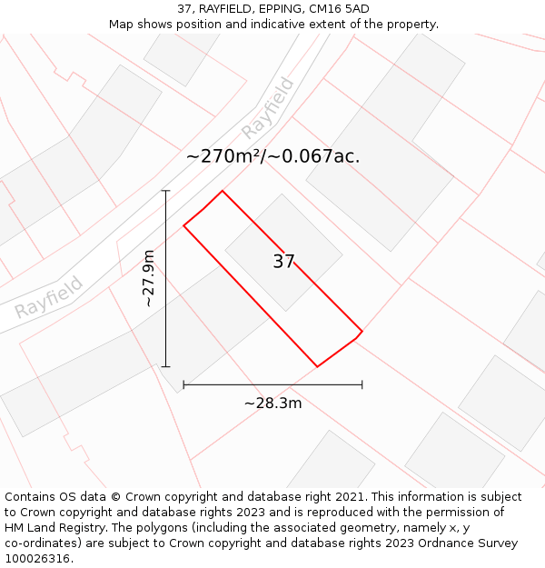 37, RAYFIELD, EPPING, CM16 5AD: Plot and title map