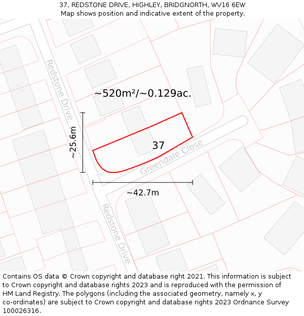 37, REDSTONE DRIVE, HIGHLEY, BRIDGNORTH, WV16 6EW: Plot and title map