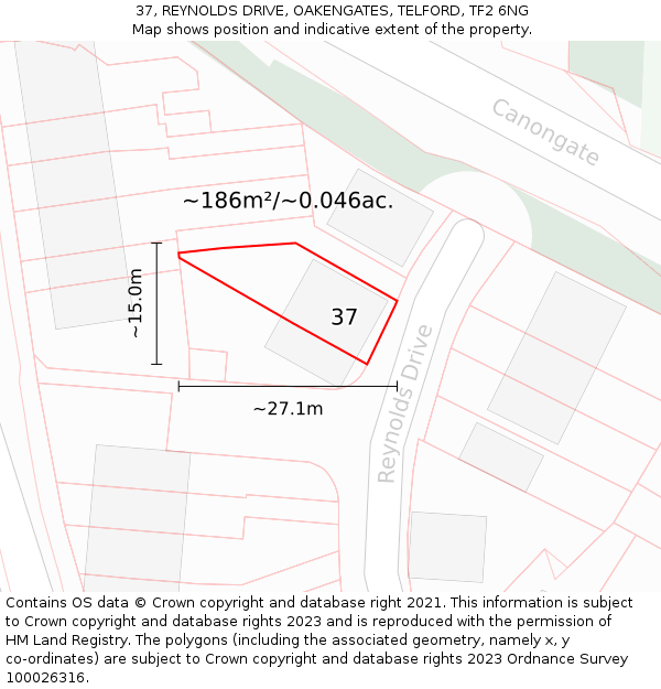 37, REYNOLDS DRIVE, OAKENGATES, TELFORD, TF2 6NG: Plot and title map