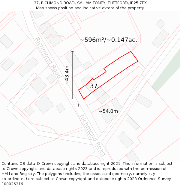 37, RICHMOND ROAD, SAHAM TONEY, THETFORD, IP25 7EX: Plot and title map