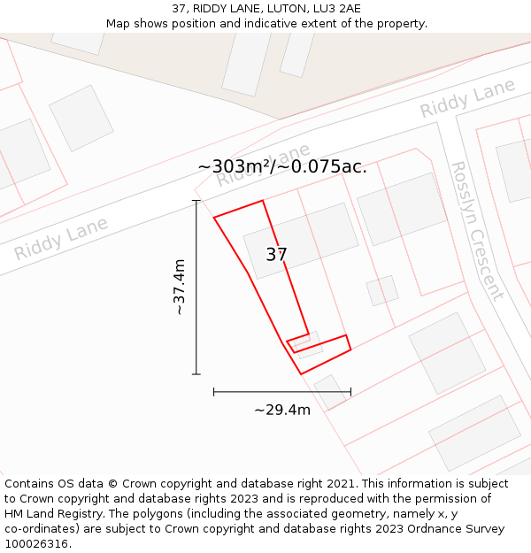 37, RIDDY LANE, LUTON, LU3 2AE: Plot and title map