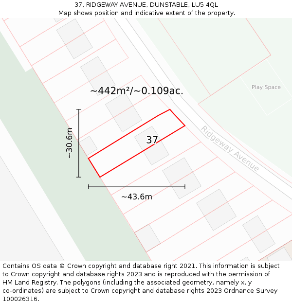 37, RIDGEWAY AVENUE, DUNSTABLE, LU5 4QL: Plot and title map