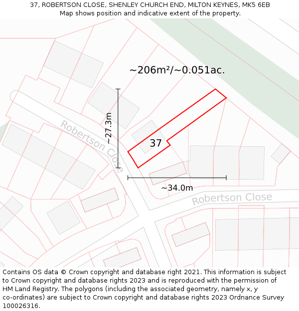 37, ROBERTSON CLOSE, SHENLEY CHURCH END, MILTON KEYNES, MK5 6EB: Plot and title map