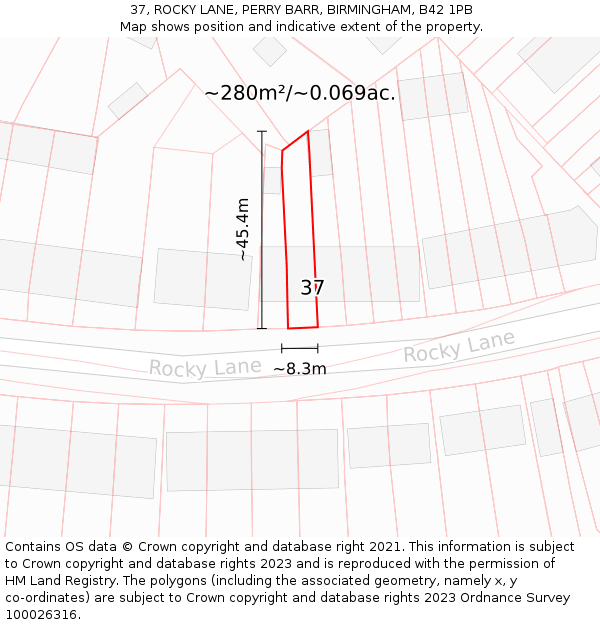 37, ROCKY LANE, PERRY BARR, BIRMINGHAM, B42 1PB: Plot and title map