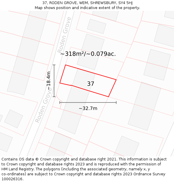 37, RODEN GROVE, WEM, SHREWSBURY, SY4 5HJ: Plot and title map