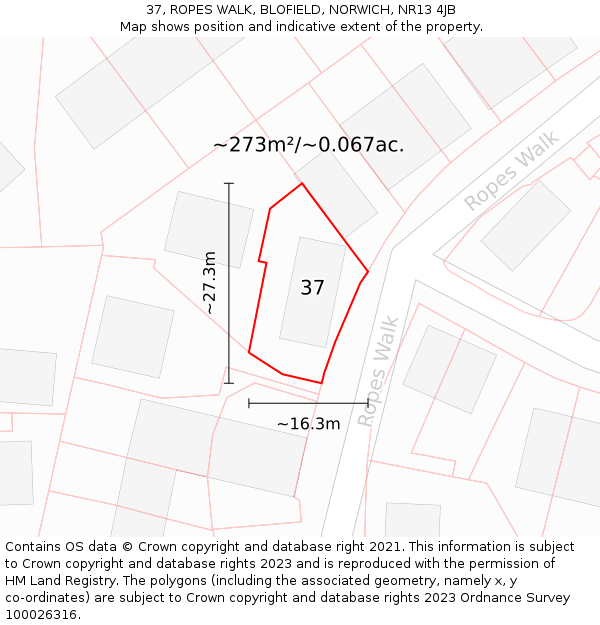 37, ROPES WALK, BLOFIELD, NORWICH, NR13 4JB: Plot and title map