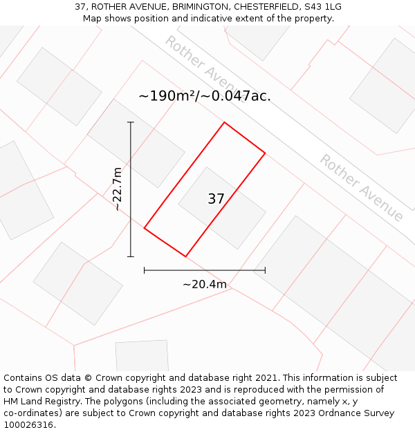 37, ROTHER AVENUE, BRIMINGTON, CHESTERFIELD, S43 1LG: Plot and title map