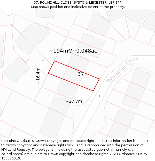 37, ROUNDHILL CLOSE, SYSTON, LEICESTER, LE7 1PP: Plot and title map