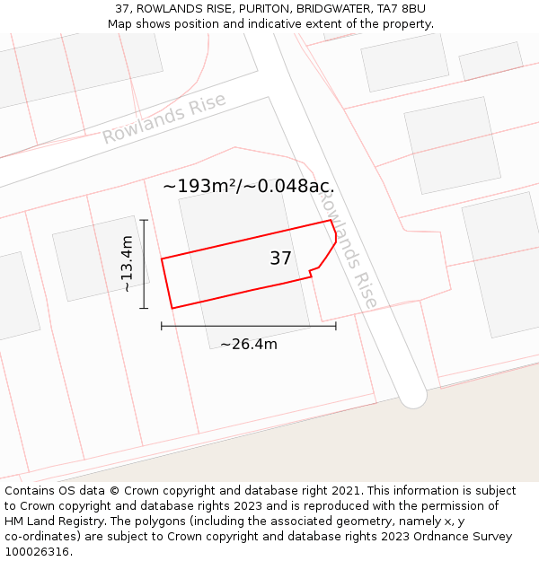 37, ROWLANDS RISE, PURITON, BRIDGWATER, TA7 8BU: Plot and title map