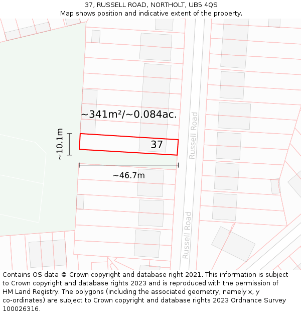 37, RUSSELL ROAD, NORTHOLT, UB5 4QS: Plot and title map