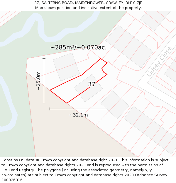 37, SALTERNS ROAD, MAIDENBOWER, CRAWLEY, RH10 7JE: Plot and title map