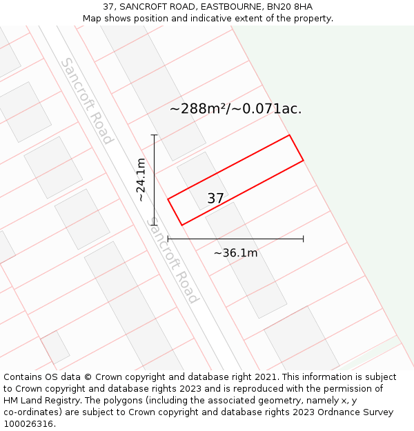 37, SANCROFT ROAD, EASTBOURNE, BN20 8HA: Plot and title map