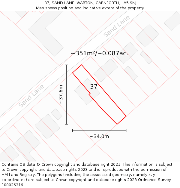 37, SAND LANE, WARTON, CARNFORTH, LA5 9NJ: Plot and title map