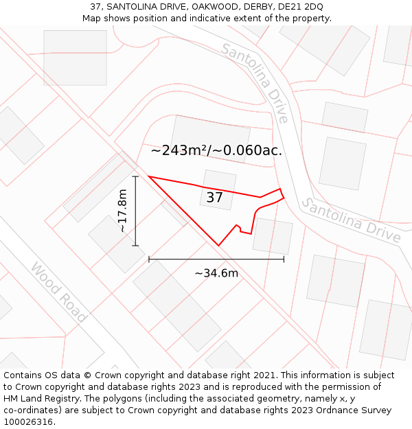 37, SANTOLINA DRIVE, OAKWOOD, DERBY, DE21 2DQ: Plot and title map