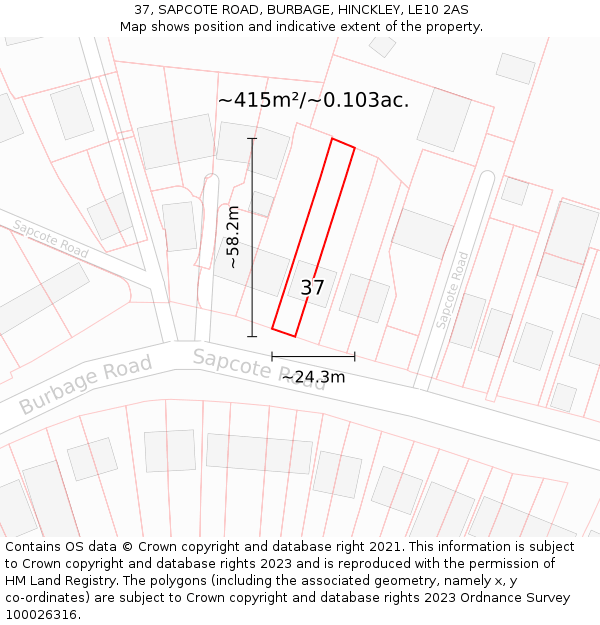 37, SAPCOTE ROAD, BURBAGE, HINCKLEY, LE10 2AS: Plot and title map