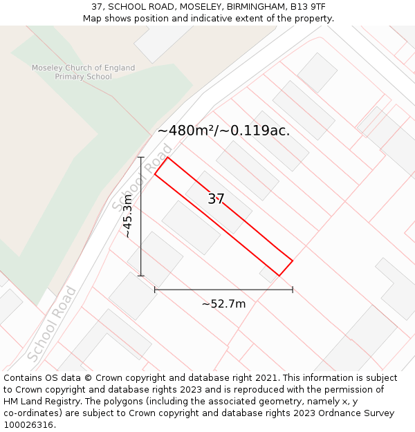 37, SCHOOL ROAD, MOSELEY, BIRMINGHAM, B13 9TF: Plot and title map