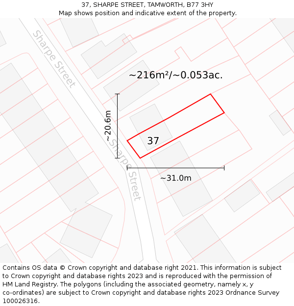 37, SHARPE STREET, TAMWORTH, B77 3HY: Plot and title map