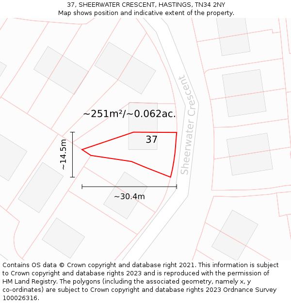 37, SHEERWATER CRESCENT, HASTINGS, TN34 2NY: Plot and title map