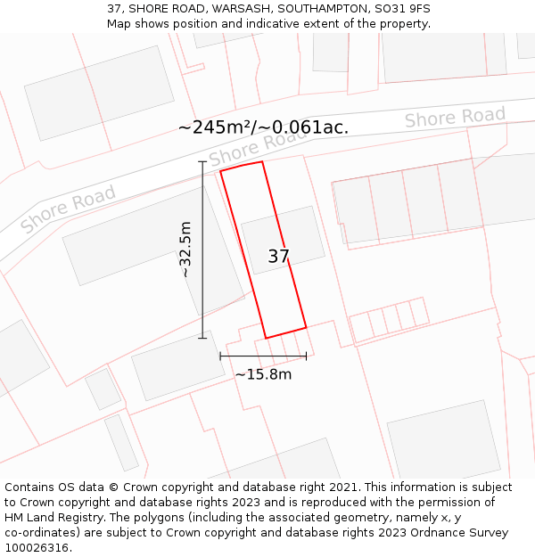 37, SHORE ROAD, WARSASH, SOUTHAMPTON, SO31 9FS: Plot and title map