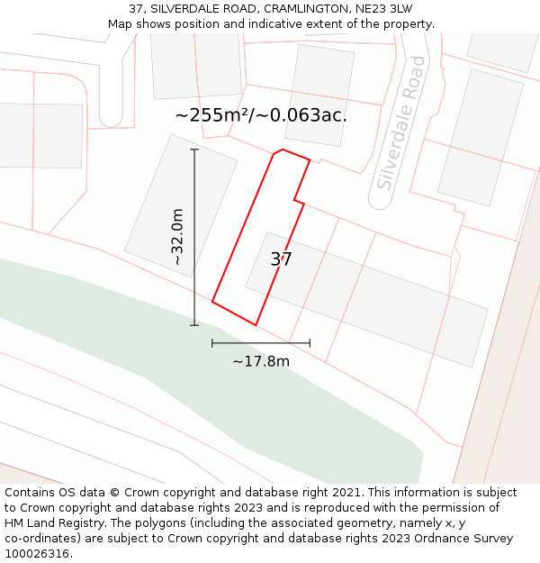 37, SILVERDALE ROAD, CRAMLINGTON, NE23 3LW: Plot and title map