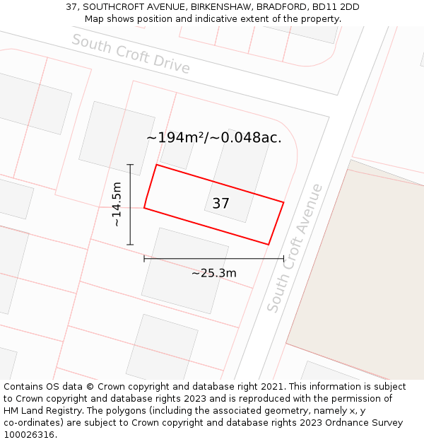 37, SOUTHCROFT AVENUE, BIRKENSHAW, BRADFORD, BD11 2DD: Plot and title map