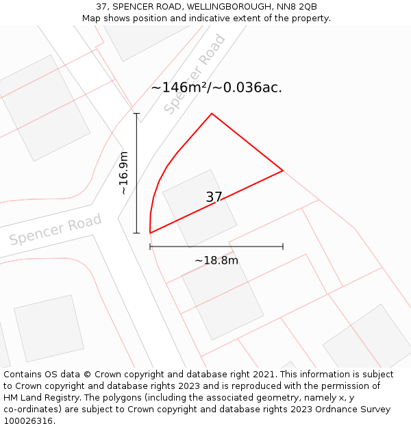 37, SPENCER ROAD, WELLINGBOROUGH, NN8 2QB: Plot and title map