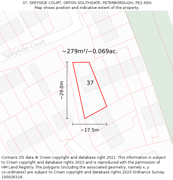 37, SPEYSIDE COURT, ORTON SOUTHGATE, PETERBOROUGH, PE2 6SN: Plot and title map