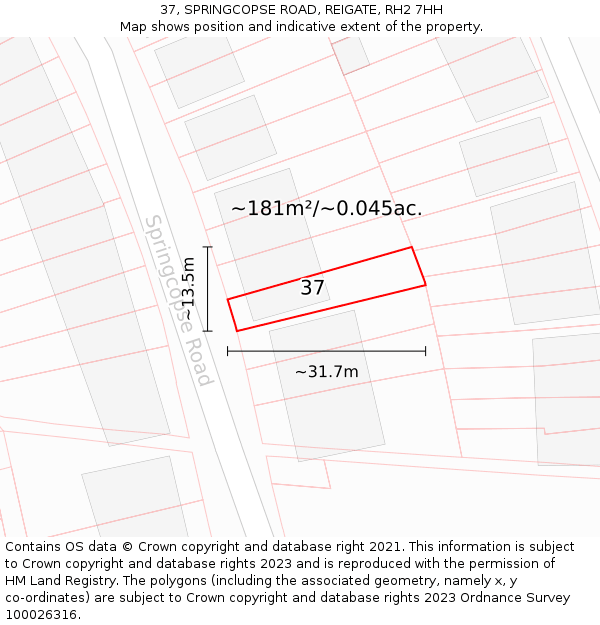 37, SPRINGCOPSE ROAD, REIGATE, RH2 7HH: Plot and title map