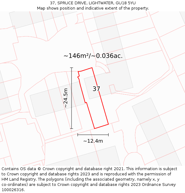 37, SPRUCE DRIVE, LIGHTWATER, GU18 5YU: Plot and title map