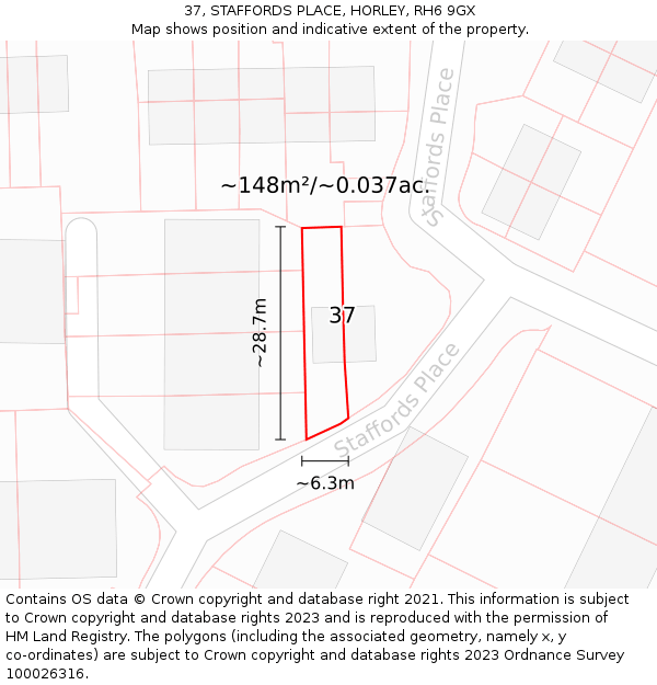 37, STAFFORDS PLACE, HORLEY, RH6 9GX: Plot and title map