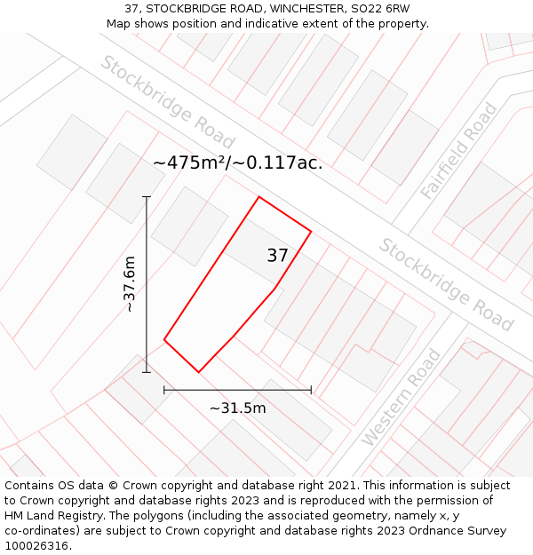 37, STOCKBRIDGE ROAD, WINCHESTER, SO22 6RW: Plot and title map